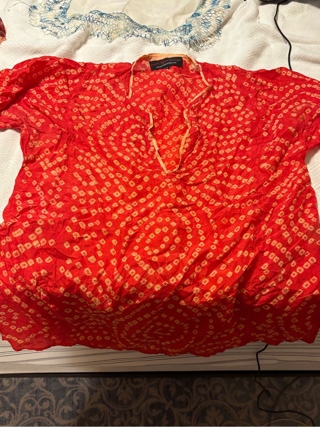 Red Patterned Short Sleeve Women's Top - Janet Egan Designs